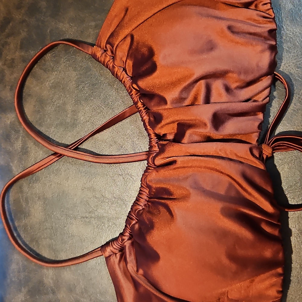 CALIA Scrunched Tie Back Bikini Top: Red Brown Shine: NEW WITH TAGS: SIZE XS